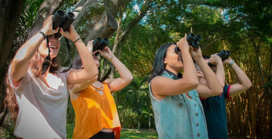 Salida de campo Biología Grupo de estudiantes realizando avistamiento de aves